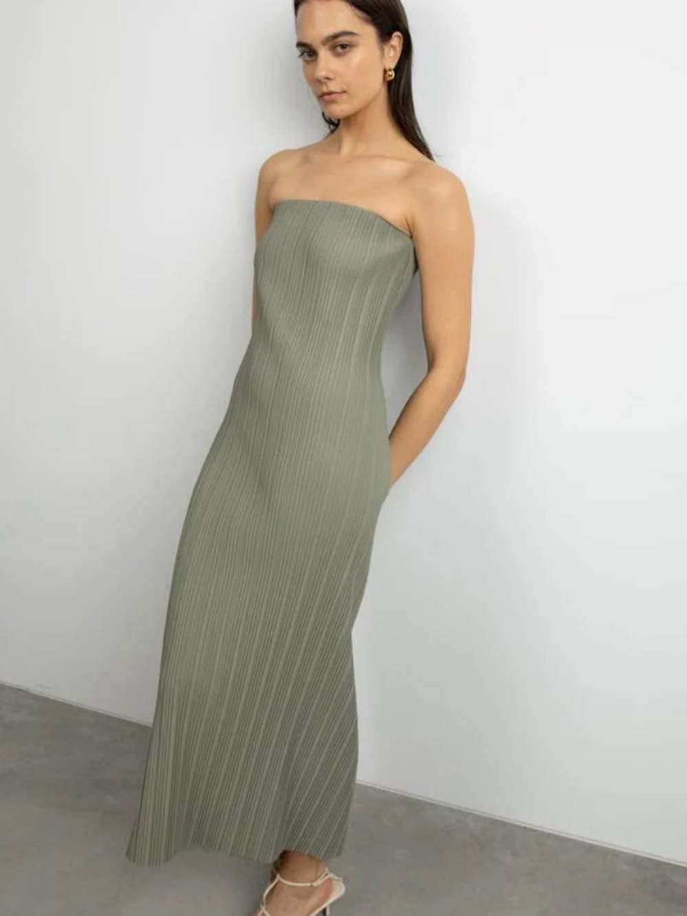 OAK + FORT Strapless Ribbed Maxi Dress in Olive